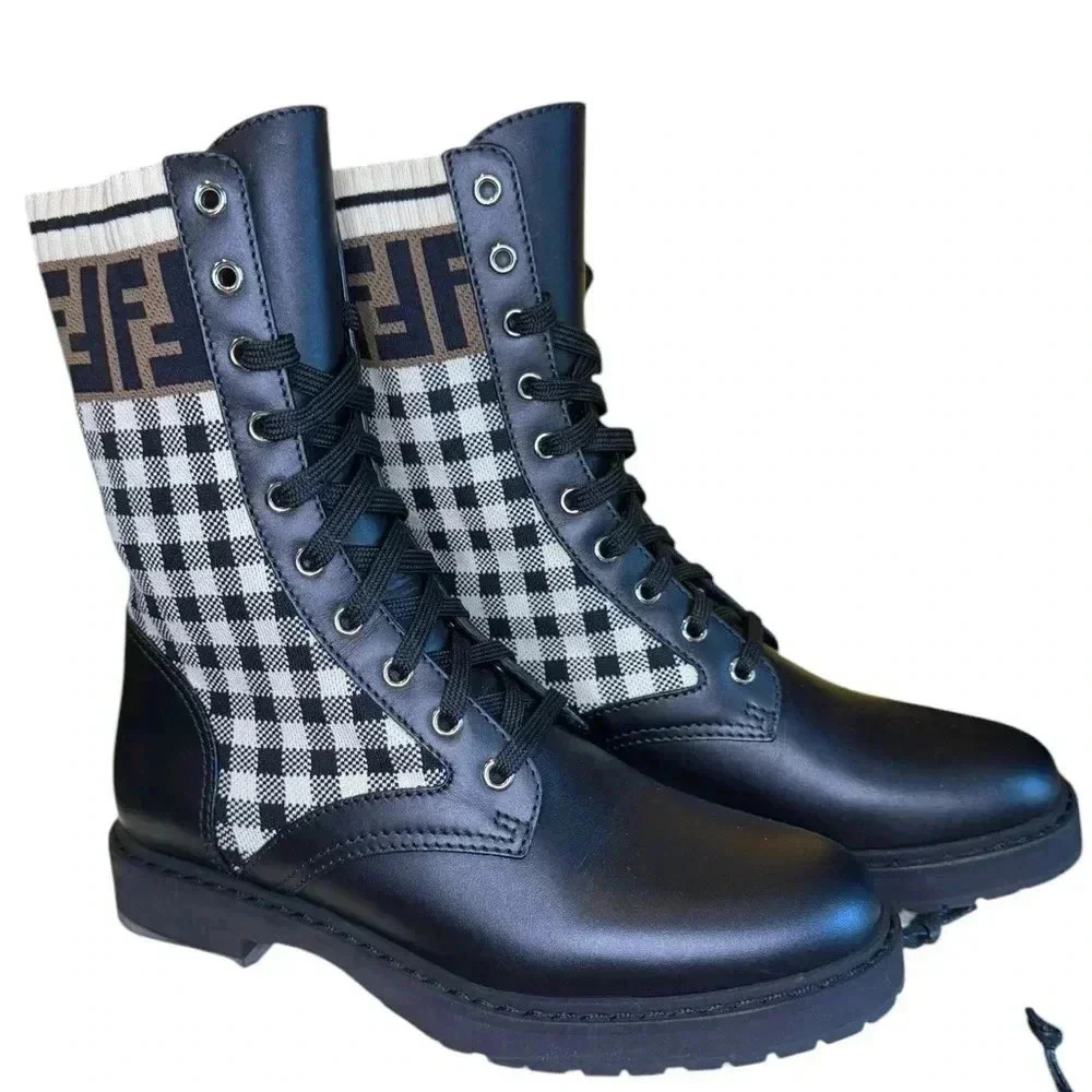 Fendi FF Gingham Sock Hiker Combat Boo In Black/Beige Size 37.5.